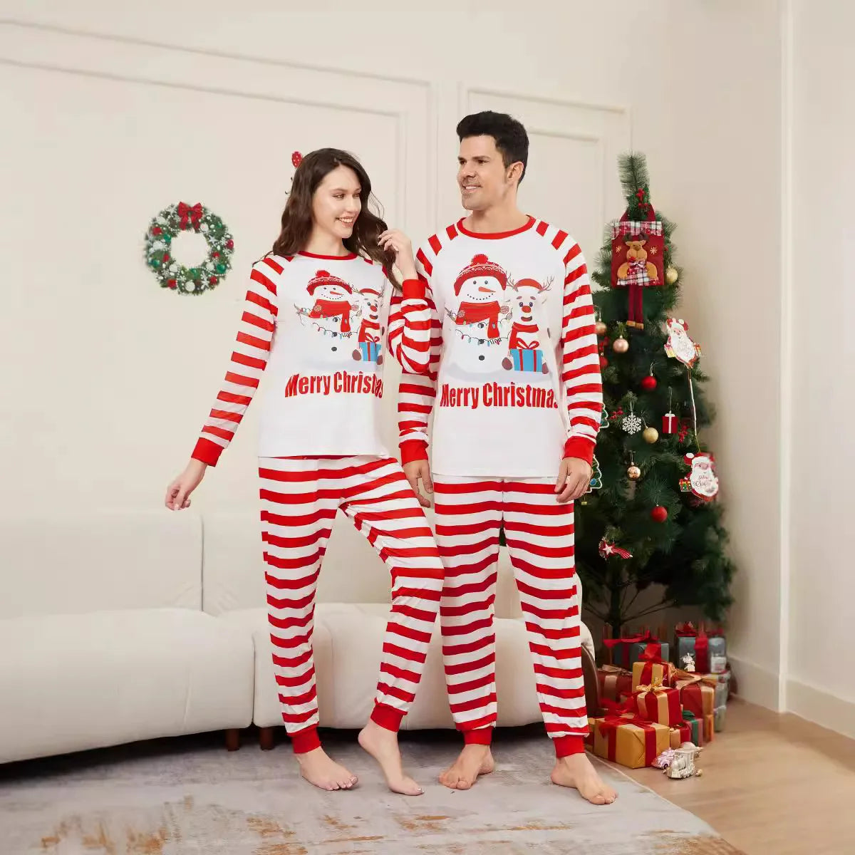 Family home wear Christmas Deer Snowman family suit red and white stripes patchwork printed pajamas two-piece set