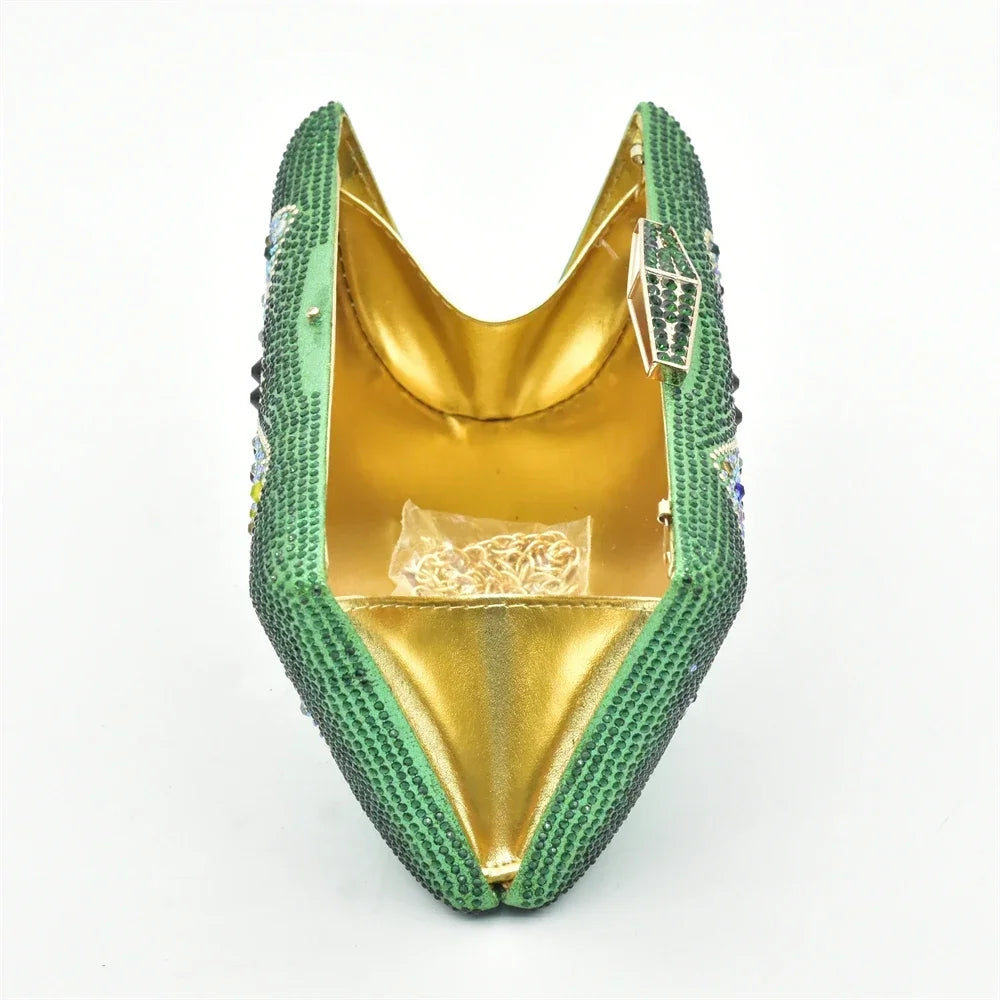 Max New Arrival Green Color Women Shoes and Bag Set In Italy High Quality African Wedding Shoe and Bag Set Decorated with Rhinestone.