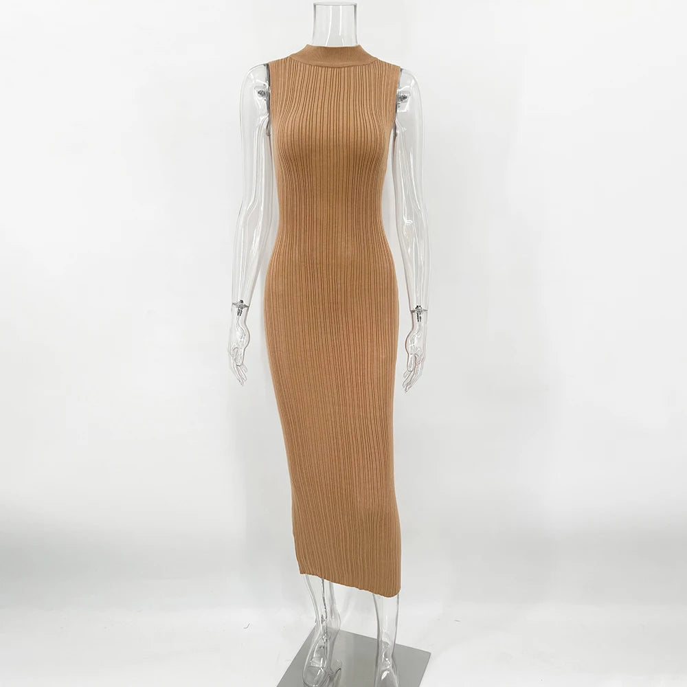 Maxy Talena Knitted Sleeveless Slim Long Dress Women's Fashion Elegant Evening Dress High Neck Solid Color Sexy Knitted Long Dress