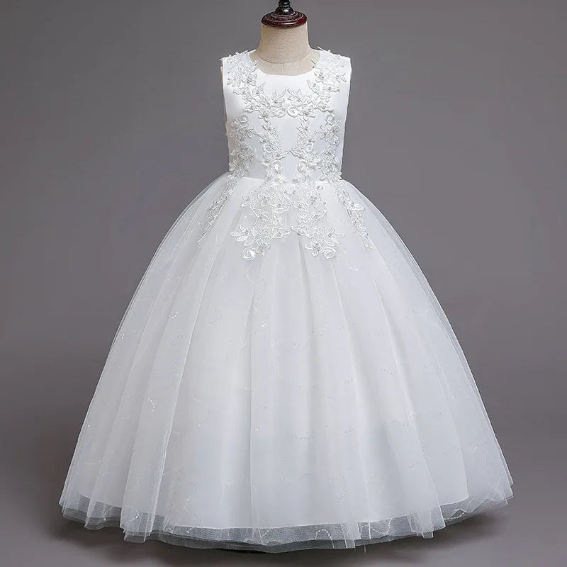 Maxy Princess Girls White Flower Princess Dress Teens Sequins Appliques Sleeveless Long First Communion Bridesmaid Wedding Formal Evening Gown