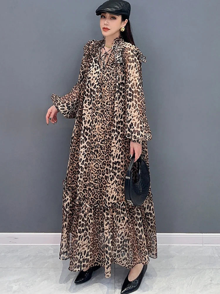 Babs Spring Summer New Dress Chiffon Printed Leopard Pattern Spliced Long Sleeved Ruffle Edge Elegant Dresses 5R9651