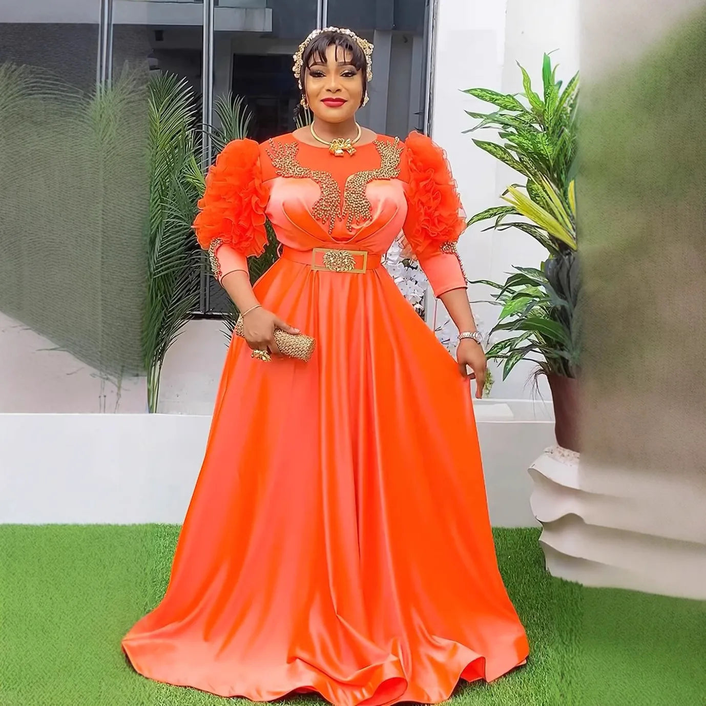Amay Women Party Evening Dress Luxury Lace Sleeve High Waisted Plus Size Gown Ankara Wedding Outfits Muslim Sequin Maxy Dress