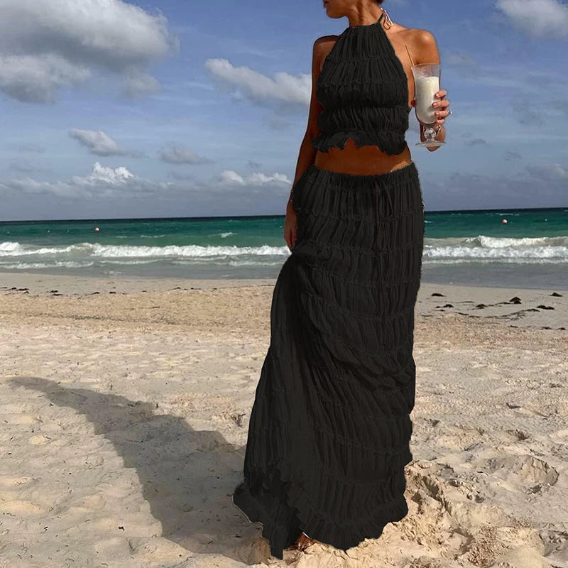 Maxy Women Boho Sexy Backless Matching Suit 2 Piece Beach Holiday Outfits Vintage Ruched Halter Cami Tops + Maxy Long Skirt Party