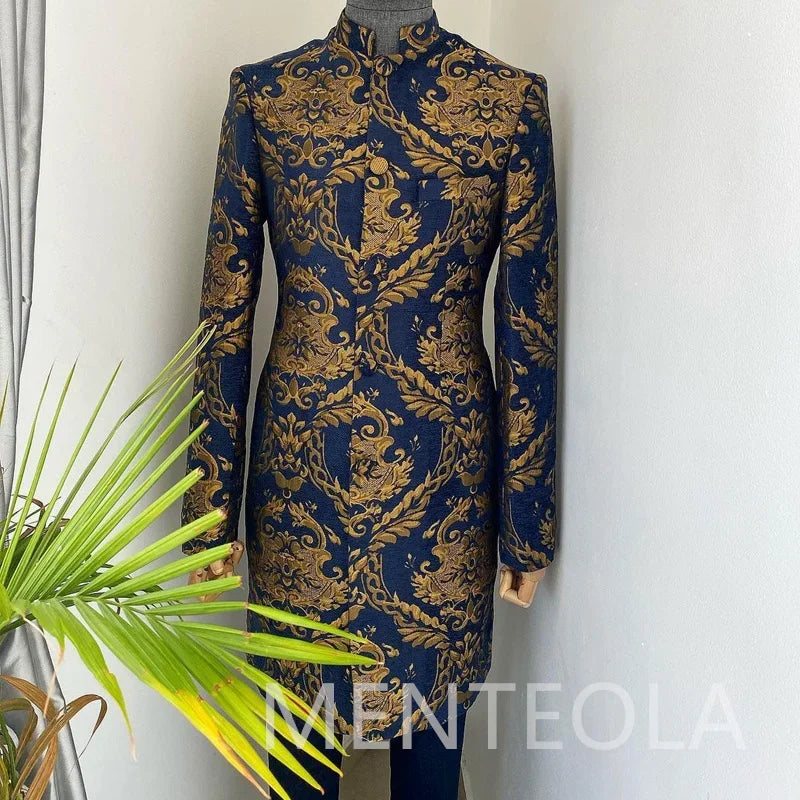 Visco Elegant Floral Suits for Men Jacquard Long Jacket Pants with Stand Collar 2 Piece Wedding Tuxedo For Grooms Indian Fashion