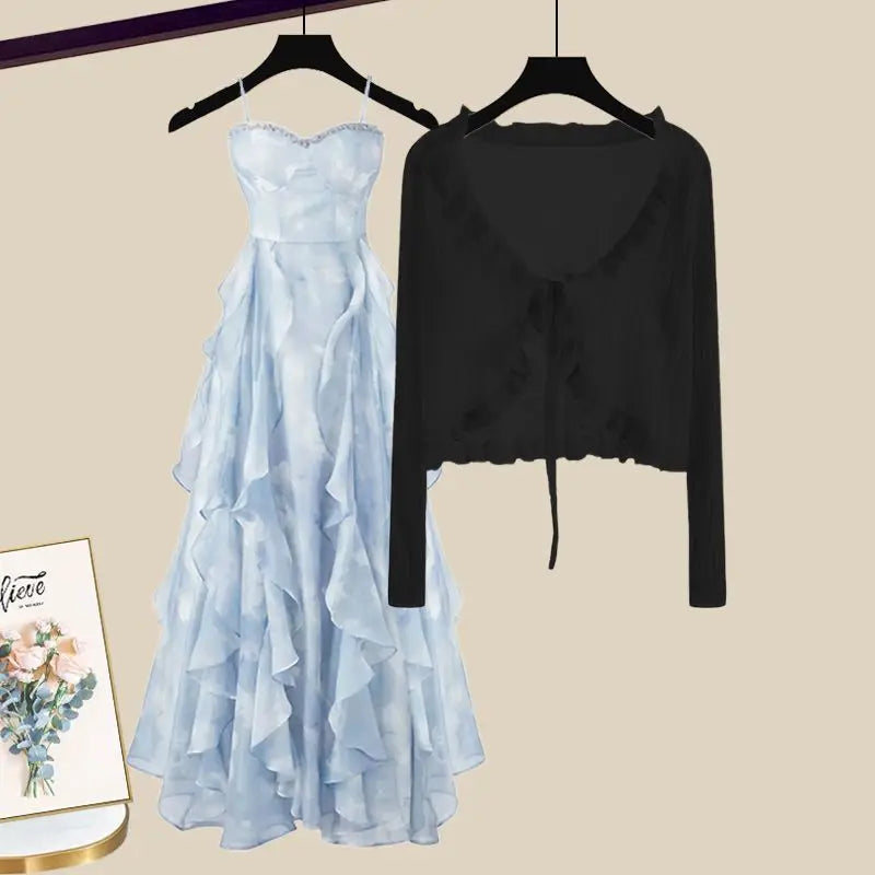 Maxy Summer Sun Protection Ice Silk Chiffon Shirt Ruffle Suspender Dress Two-piece Set Elegant Women's Dress Set Party Dress