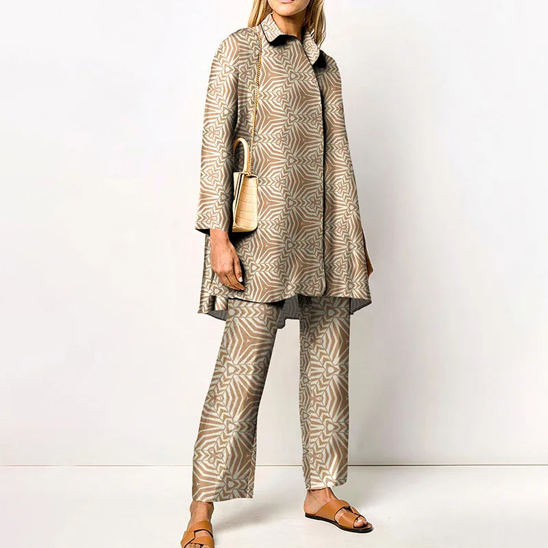 Maxy Autumn New Loose Vintage Printed Pant Sets Women Long Sleeve Shirts And Wide Legs Trousers Two Piece Set Fashion Streetwear