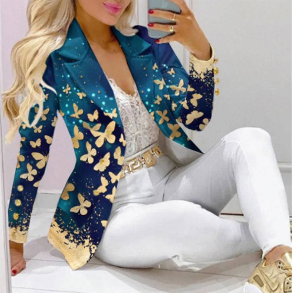 Maxy Fashion Butterfly Print Blazer Suit and Pants Two Piece Set for Women Autumn Winter Outfit Office Lady Casual Clothing