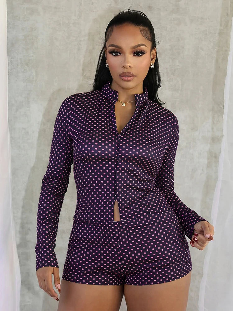 Maxy Cute new Tracksuit Polka Dot Print 2 Piece Set Women Zip Crop Jacket+Shorts Matching Street Elastic Casual Fall Trend Outfits