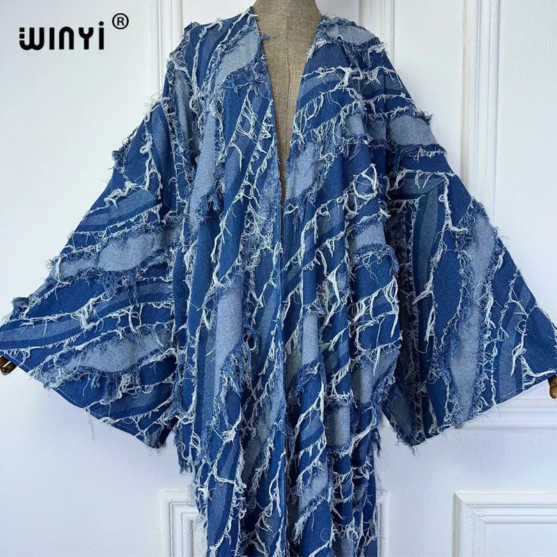 Maxy Kimono Washed jacquard denim with spliced raw edge Cardigan maxy Dress elegant Party Swimming beach Cover Up dress abaya