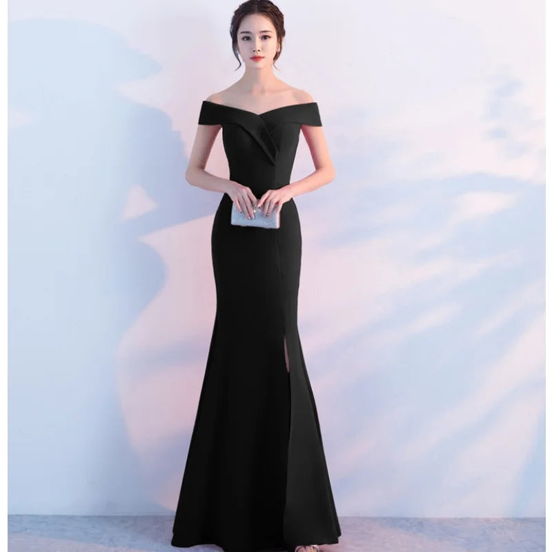 Maxy Evening Dresses Black Stretchy Off the Shoulder Zipper Back Mermaid Trumpet Slit Floor Length Women Party Formal Gowns YE006