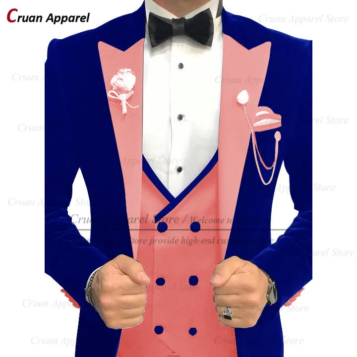 Maxy Luxury Velvet Men Suits Set Slim Fit Trendy Prom Wedding Groom Jacket with Double Breasted Vest Pants 3 Piece