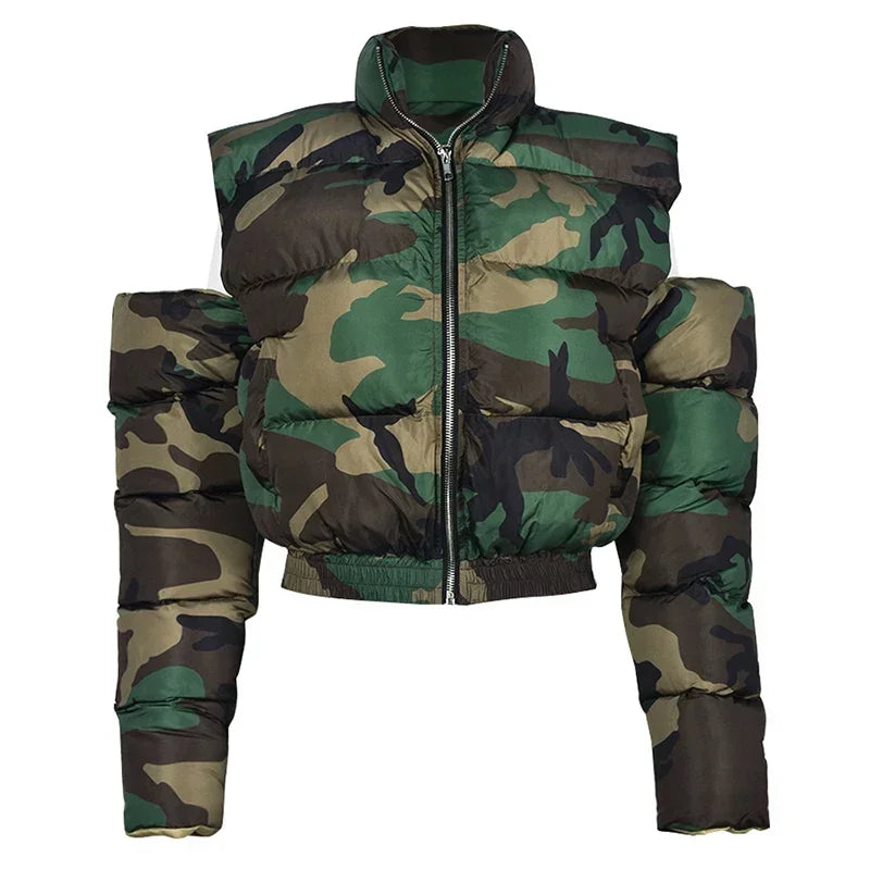 Maxy Street Women Camouflage Zipper Puffer Jacket Hollow Out Sleeve Camo Bubble Coats Stand Collar Collect Waist Parkas Down Jacket