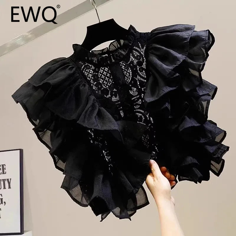 Maxy Versatile Hollow Out Lace Blouse Women Fashion Ruffled Stand Collar Short Sleeve Solid Tops Clothing Summer New 27X380