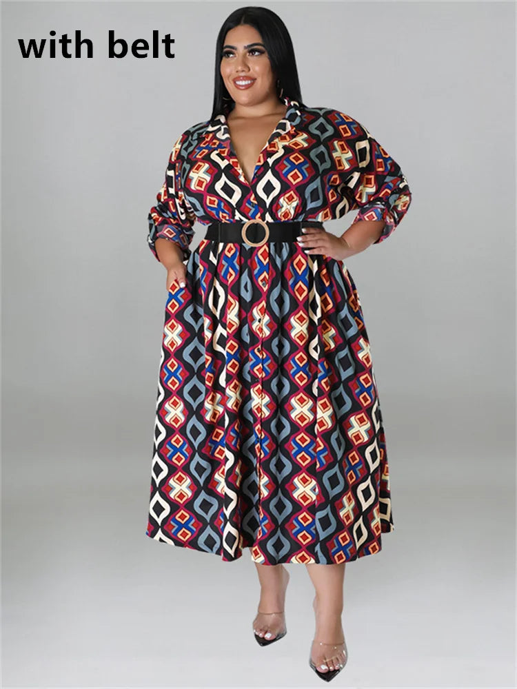 Maxy Plus Size Dresses for Women with Belt V Neck Print Casual Maxy Dress Elegant Fashion Streetwear