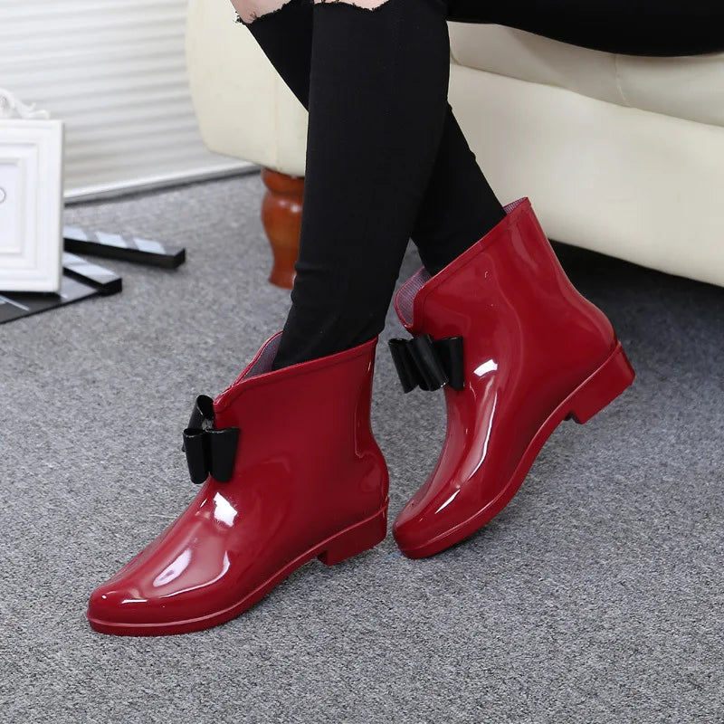 Maxy Women Flower Bowtie Ankle Boot Winter Rain Boots Female Waterproof Solid Rubber Platform Rain Shoes Ladies Footwear