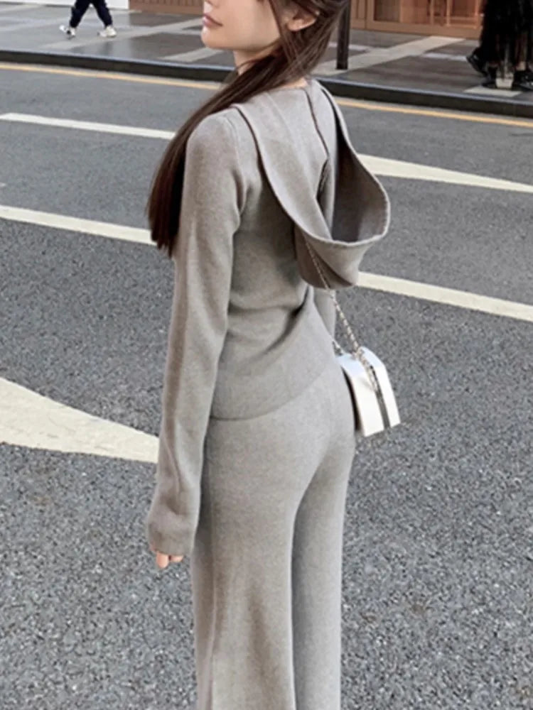 Amay Women's Knitted Tracksuits Casual Hooded Jacket & High Waist Long Pants 2 Piece Set Femme Fashion Clothing Outfit