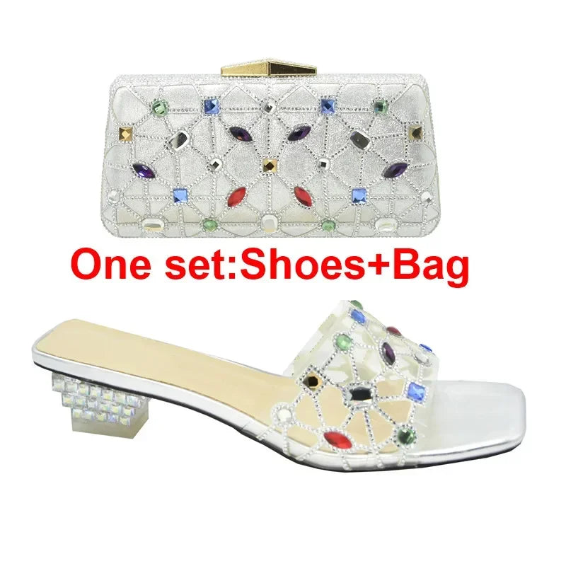 Maxy Shoe and Bag Set for Party in Women Closed Toe Heels Clear Rhinestone Heels Shoes for Wedding Women Luxury Shoes Women