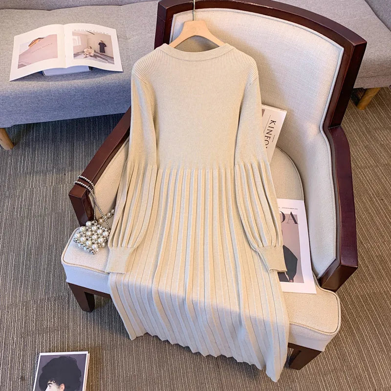 Maxy Women Basics Long Sleeves Elegant O-neck Casual Loose Knitted Sweater Long Dresses Office Lady Autumn Winter Plus Size Clothing