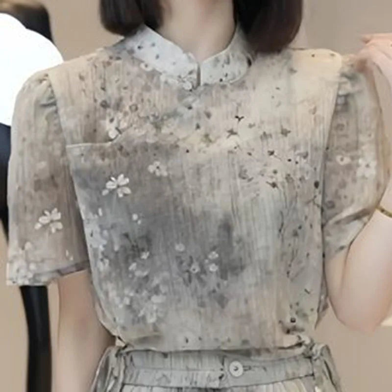 Amay Printed skirt women's summer Chinese high-quality national style printed top niche design temperament two-piece suit