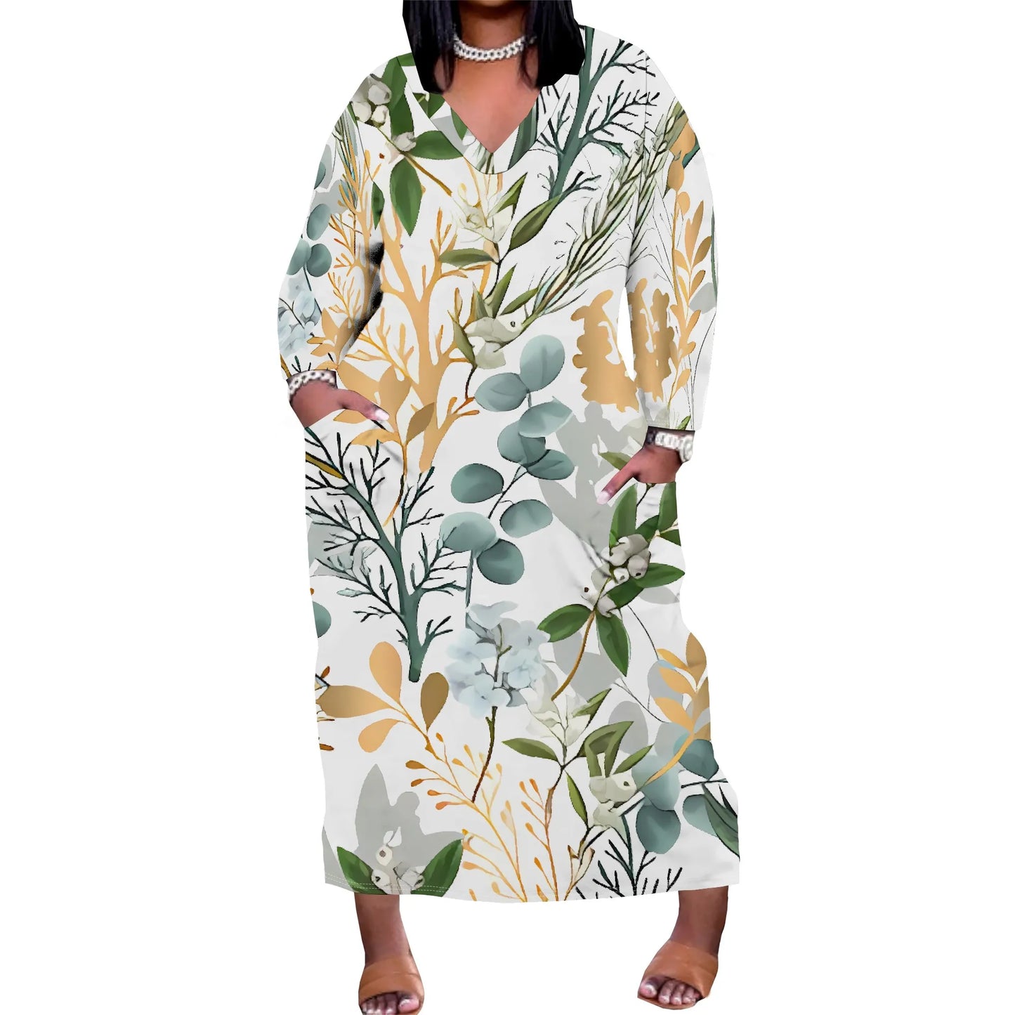 Maxy Plus Size Off Shoulder Green Botanical Print Dress Vacation Casual Wear