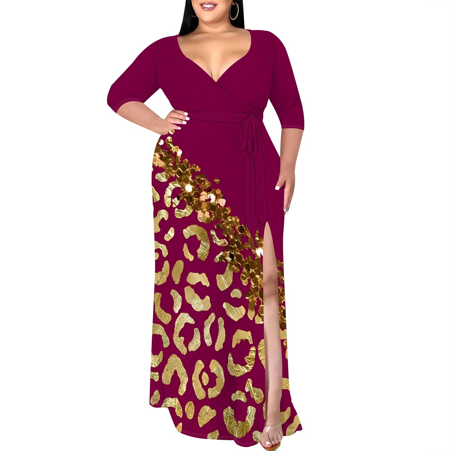 Maxy Plus Size V-Neck Wrap Dress with Gold Leopard Print Split Hem Elegant Party Dress for Women