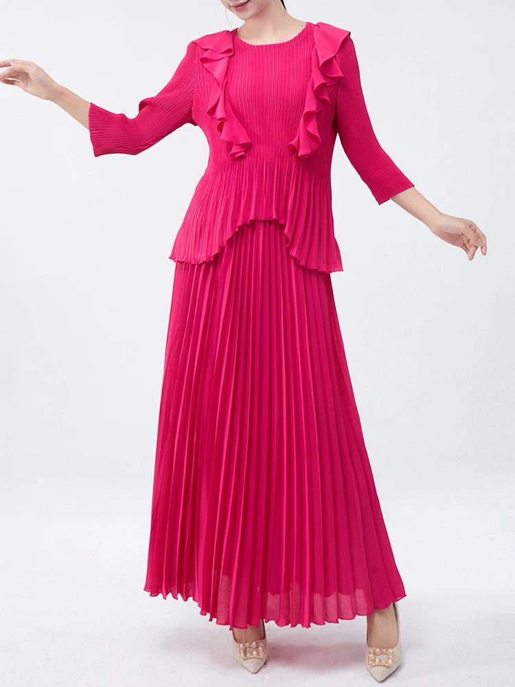 Maxy Pleated Two Pieces Sets Women Ruffles Irregular T Shirt + A Line Loose Skirt New Female Elegant Lady Clothing 6R4839