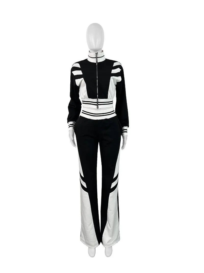Maxy Contrast Color Women Autumn 2 Piece Set Stand Collar Long Sleeve Zipper Sweatshirts Crop Tops + Flare Pants Streetwear Tracksuit