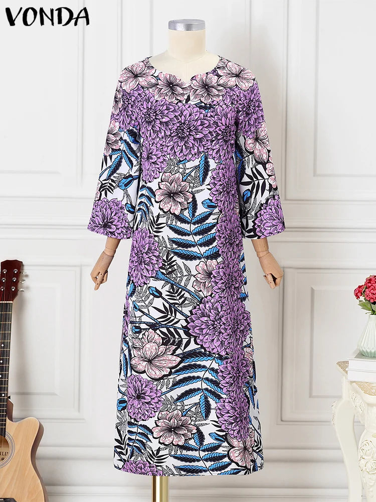 Maxy Plus Size 5XL VONDA Bohemian Maxy Dress Women Elegant Floral Print Sundress Long Sleeve Casual Vestidos Holiday Casual Robe