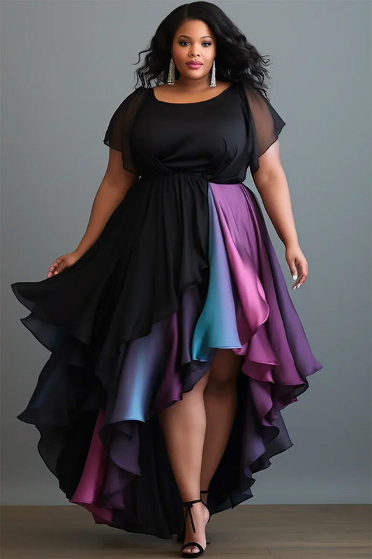 Amay Plus Size Purple Asymmetric Hem Midi Dress round Neck Wedding Guest Women's Fashion Elegant Party Gown