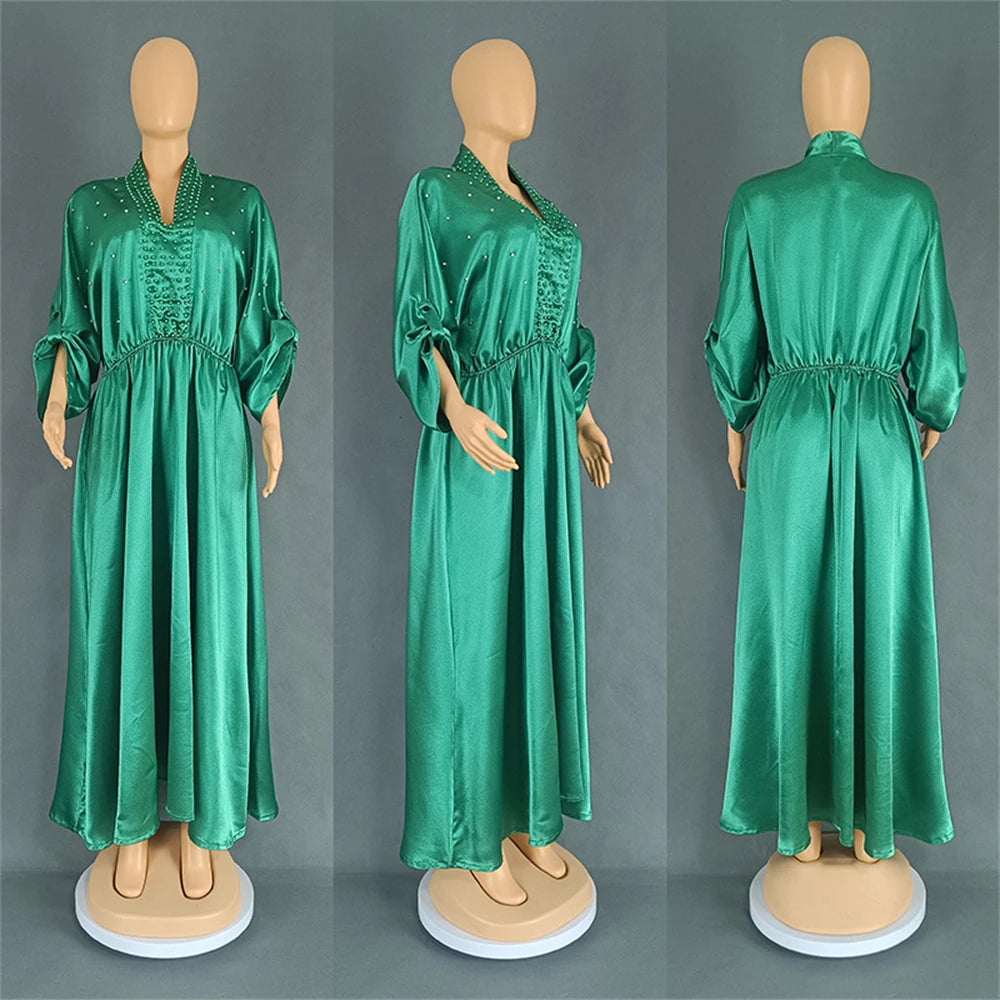 Amay African Dresses for New Fashion Women Musim Abaya Beads Dashiki Maxi Dress Turkey Kaftan Dubai Ankara Turkey Evening Party Gown