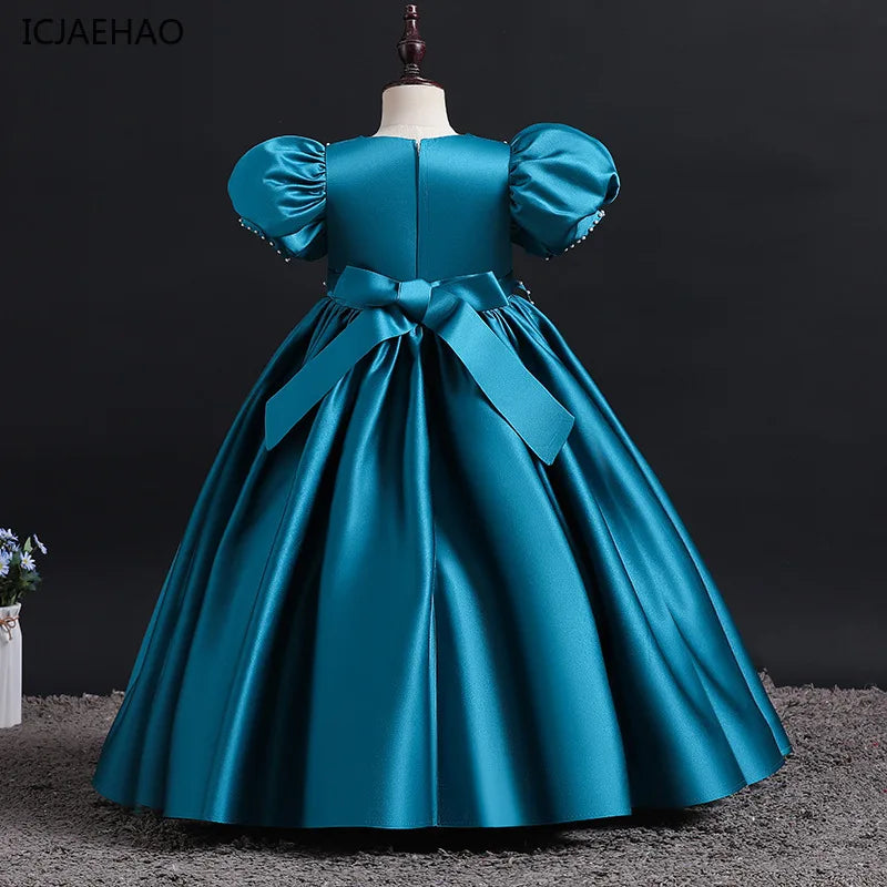 Maxy Flower Girl Vintage Dress Children Formal Red Ball Gown Kid Lace Long Evening Bridesmaid Prom Dresses for Wedding Party