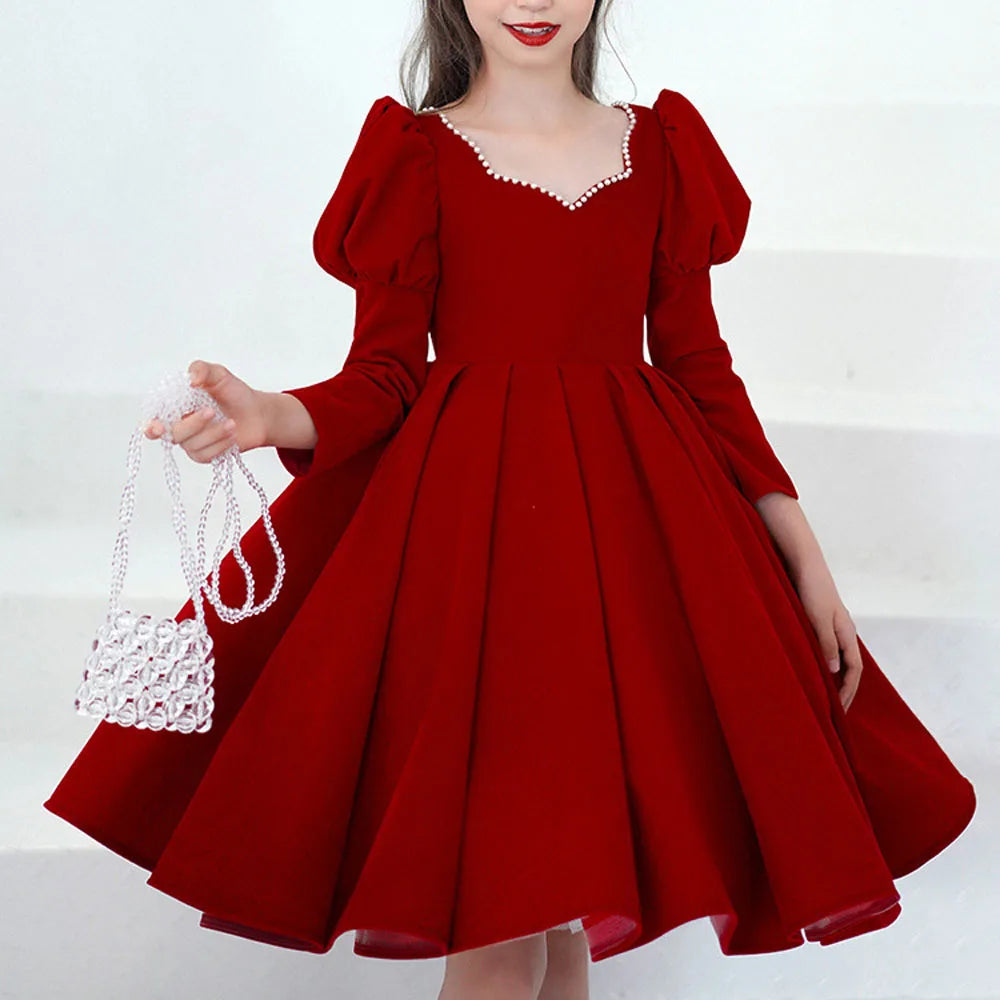 Maxy Princess Noble Princess Evening Dress Mesh Solid Red Ball Gown Children Christmas Party Dress Flower Girl Wedding Dress for 2-10 Year Kid