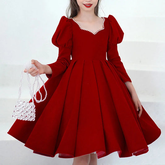Maxy Princess Noble Princess Evening Dress Mesh Solid Red Ball Gown Children Christmas Party Dress Flower Girl Wedding Dress for 2-10 Year Kid