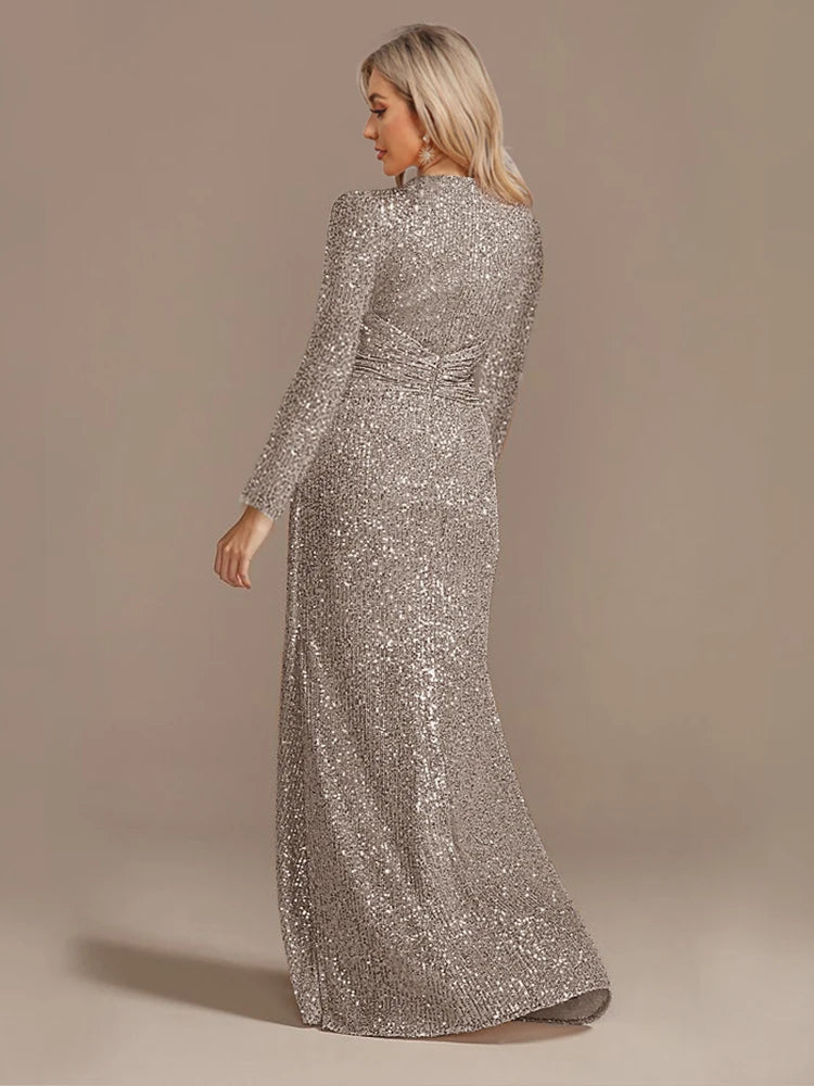 Maxy Luxury Long Sleeve V-Neck Evening Dress Wedding Party Sequins For Women Female Guests Red Prom Cocktail Dresses
