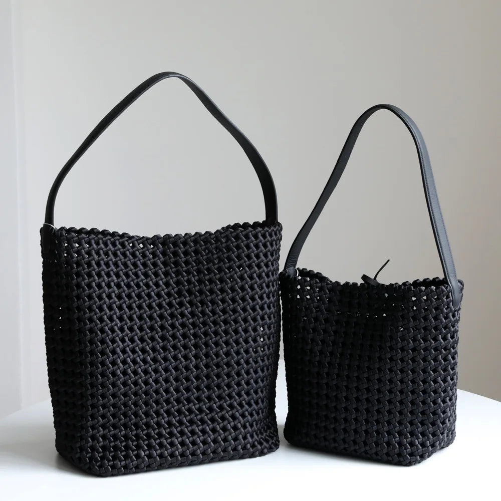Maxy NEW Hollow woven silk and satin with cowhide women's bag large capacity tote bag hand-heeled shoulder armpit bag bucket bag