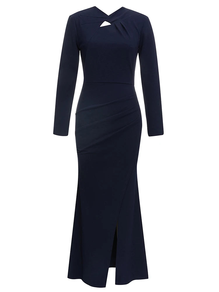 Maxy New Sexy Long Sleeve Hollow Out Long Dress Fall Women Dark Blue Split Slim Dresses Elegant Eveing Party Celebrity Gowns