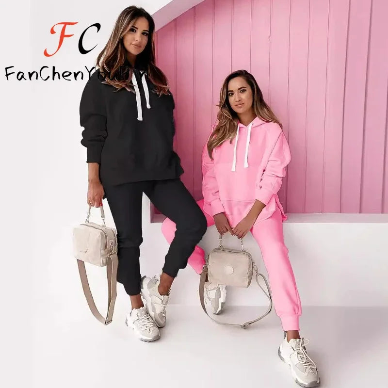 Maxy Fashion New Women's Set Autumn Winter Loose Solid Slits Pockets Hooded Pullover Elastic Waist Casual Pants Two-piece Hoodies Set
