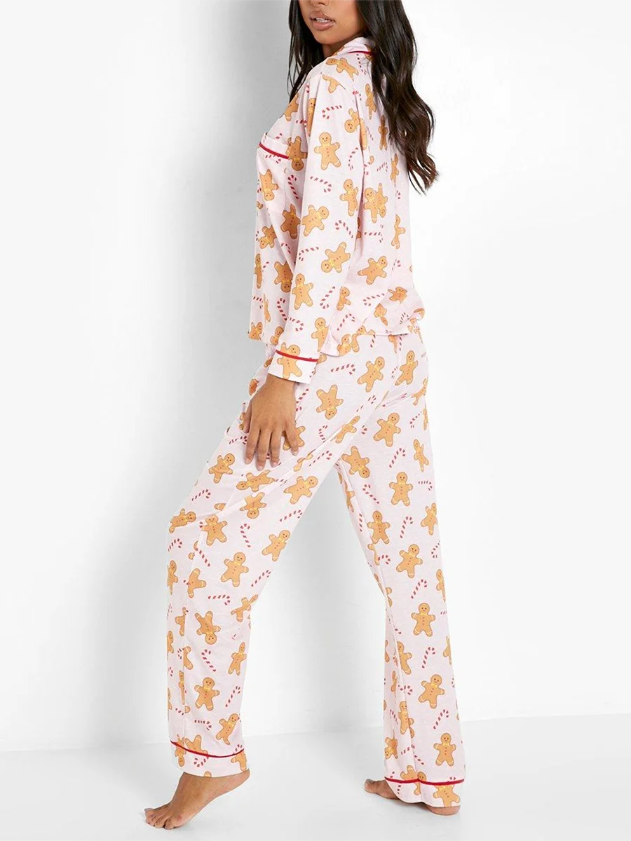 Womens Christmas Print Pajamas Set Long Sleeve Turn-down Collar Tops and Pants Loungewear Set