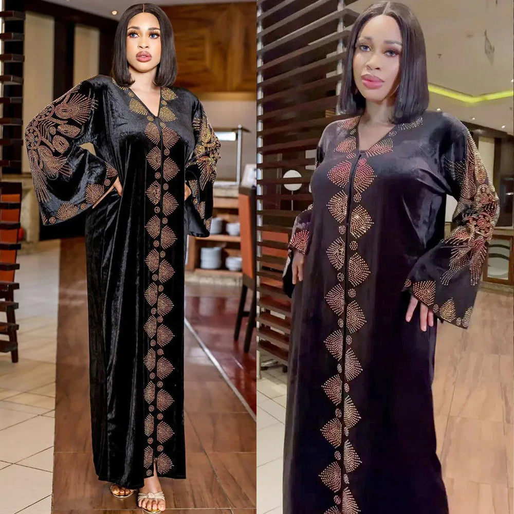 Nigeria Diamonds Velvet African Dresses For Women Evening Party Gown African Dashiki Moroccan Kaftan Abaya Afircan Clothing Gown