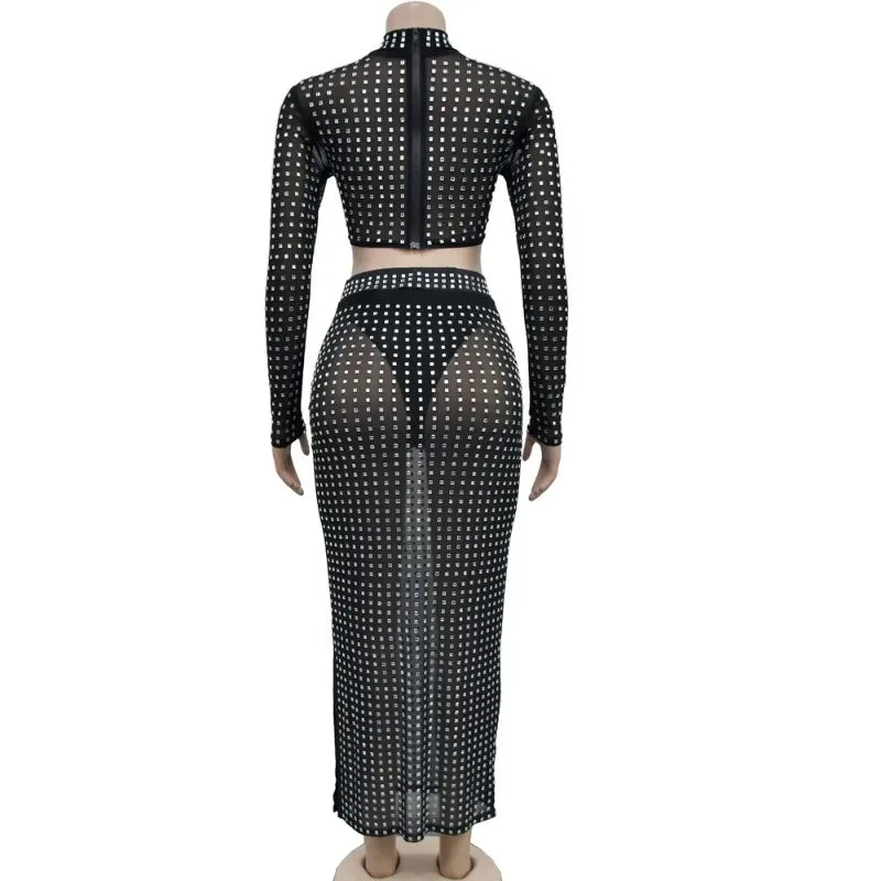 Maxy Luxury Rhinestone Studded Two Pieces Sets For Women Glam Sheer Mesh Crystal Crop Top And Matching Skirt Set Clubwear