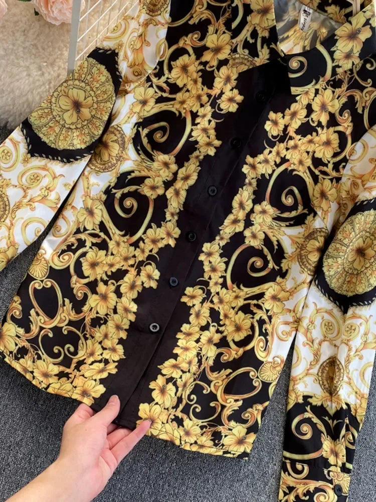 Maxy Spring Autumn Women's Blouse Tops New Bohemian Retro Turn-down collar Office Lady Trend Printing European American Shirt UK766