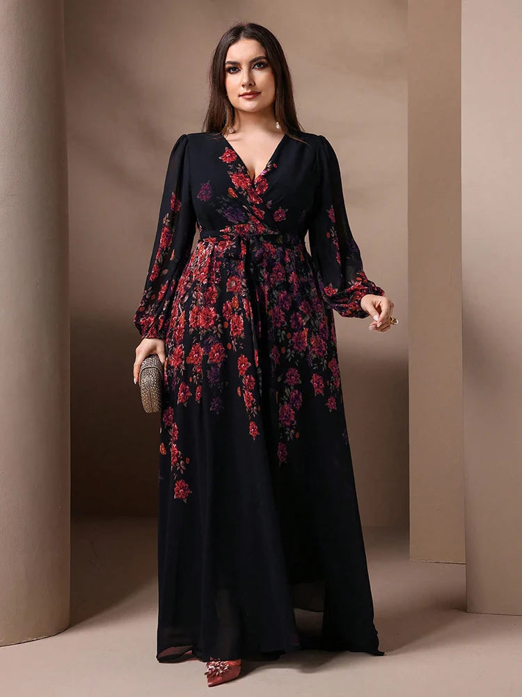 TOLEEN 2024 New Spring Summer Casual Elegant Formal Party Maxi Dresses Plus Size Women's Floral Print V-Neck Long Sleeve Dress