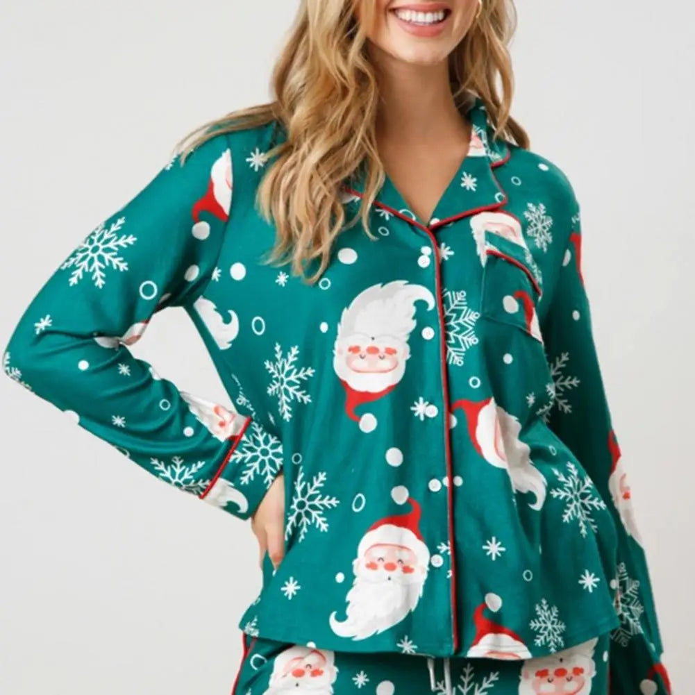 Maxy Top Women's Christmas Pajama Set with Santa Print Long Sleeves Elastic Waist 2 Piece Home wear Nightie Set for women