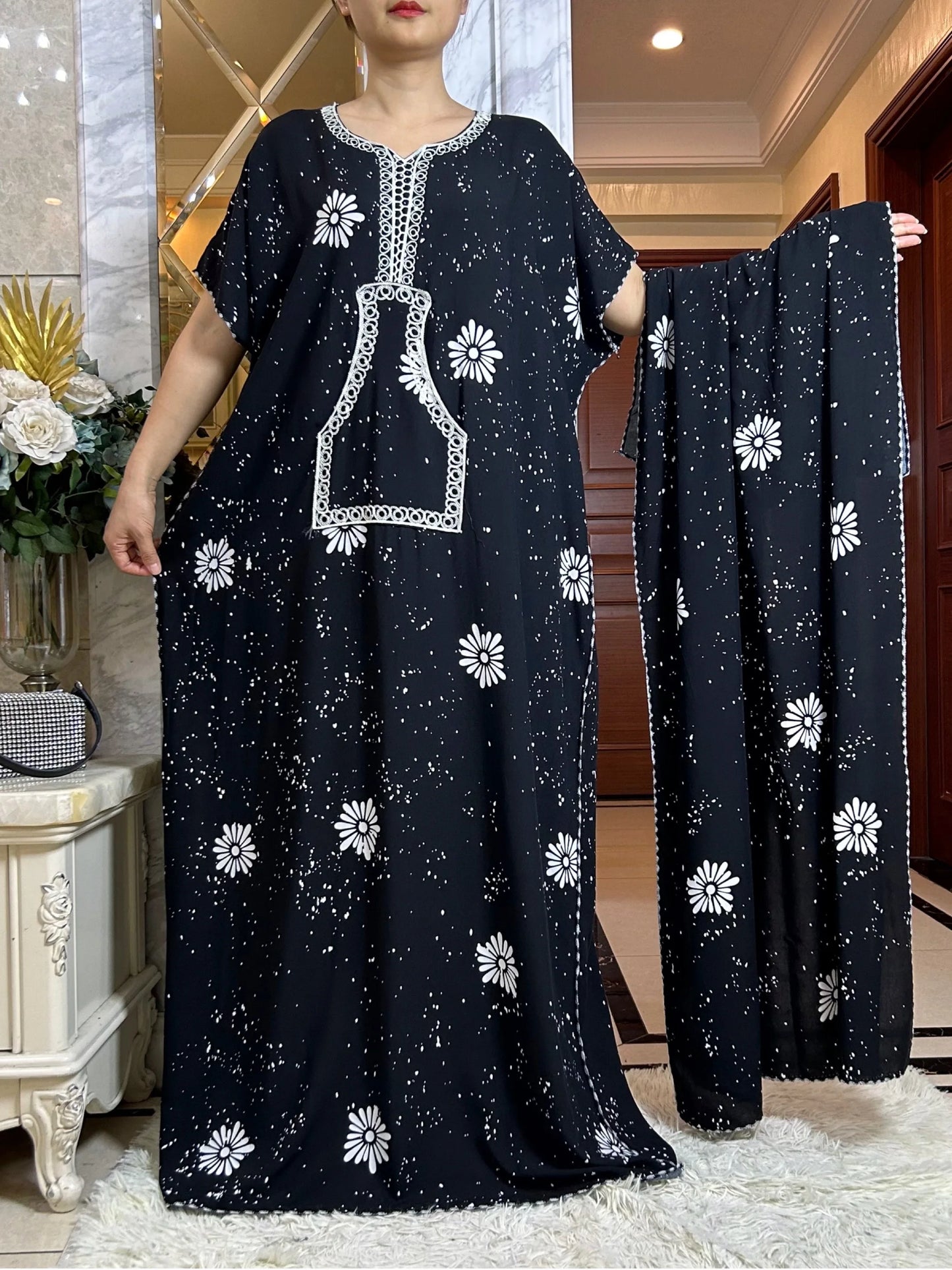 Macy Latest Autumn African Lady Dress with Big Scarf   Cotton Printed Loose Floral Boubou Pocket Maxi Islam Women Short Sleeve