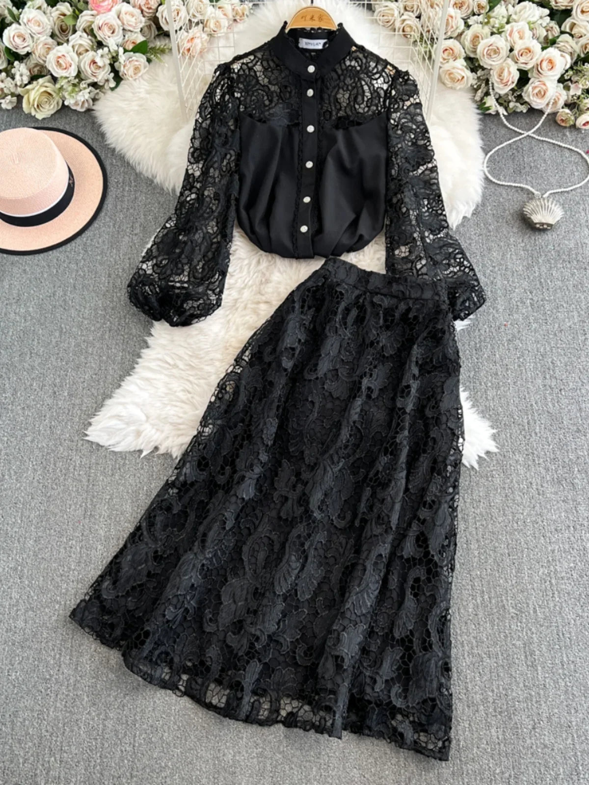 Maxy French Style Suit for Women's Fashion with Hollowed Out Hook Flower Lace Lng Sleeves Shirt+high Waisted A-line Skirt