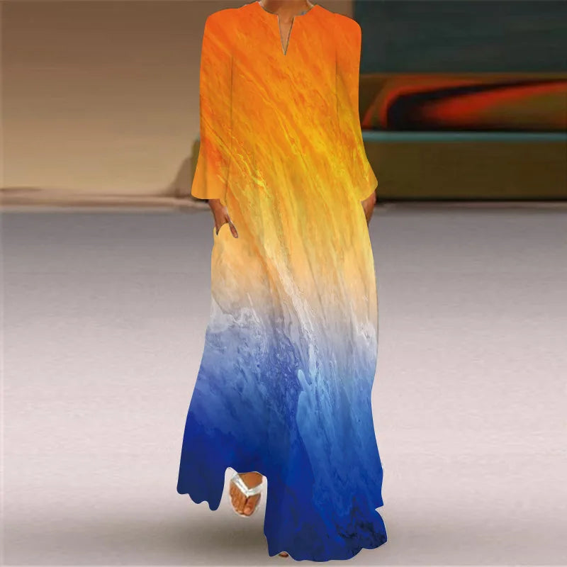 Maxy Casual Print Dress for Women Autumn New Printed V-neck Robe Vestidos Ladies Fashions Elegant Loose Long Dresses Vestidos