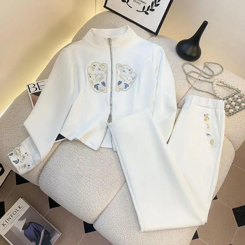 Babs Office Lady Blazer Suits Vintage Two Piece Set Women Long Sleeve Short Blazer + High Waist Wide Leg Long Pants 2 Piece Outfits
