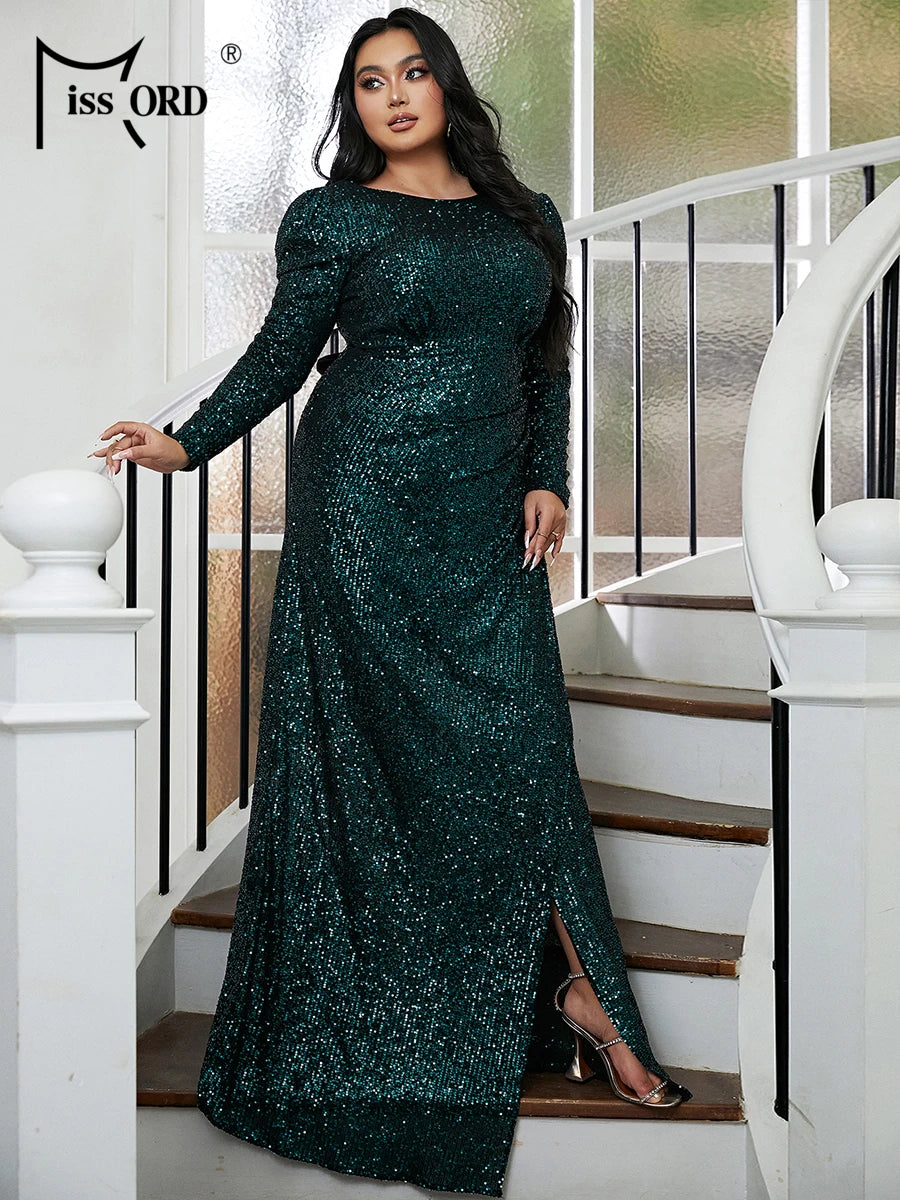 Maxy Plus Size Summer Dress Women Trend Open Back Sequin Floor Length Green Prom Dress