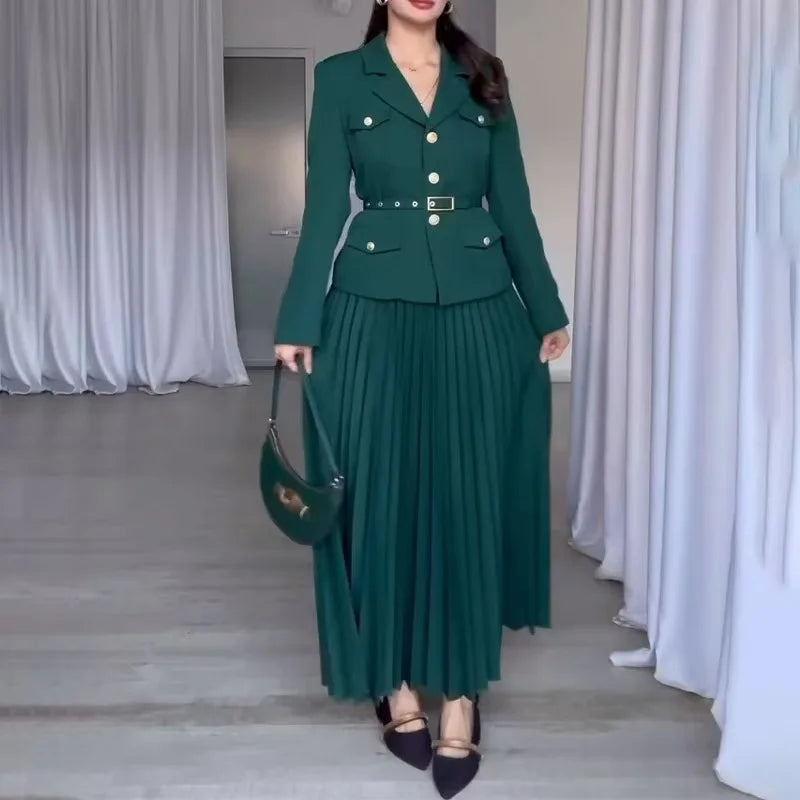 Amay Elegant Women Two Pieces Set Single-breasted Lapel Jacket Coat Belt Pleated Midi Skirt Suit office Lady New In Matching Set