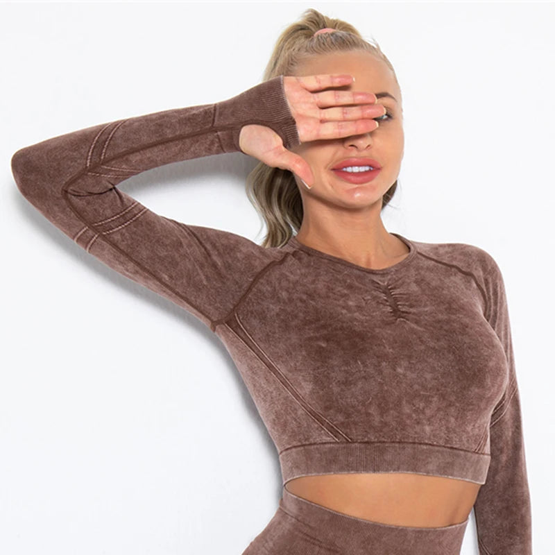 Seamless Sports Suits Women O-neck Crop Tops Long Sleeve Push Up Leggings Sets Gym Wear Summer Two Pieces Sets Tracksuit Feamle